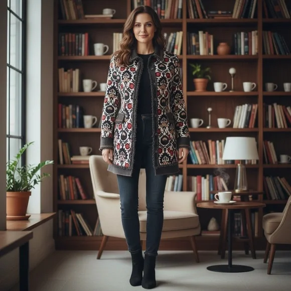 Etcetera Floral Velvet jacket Fringe Denim Size 4 tapestry boho FP - Picture 2 of 16